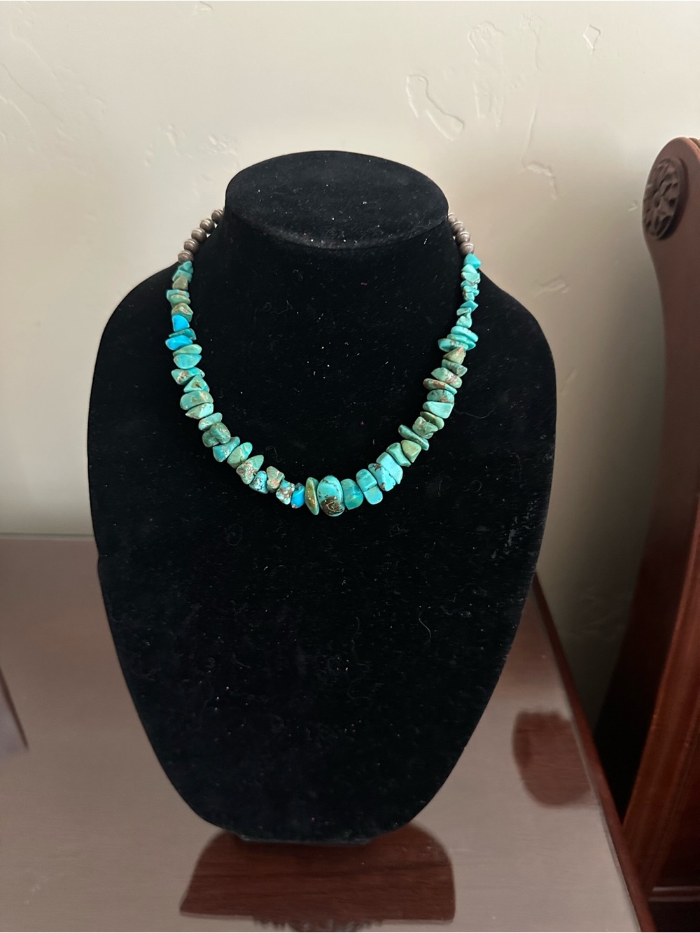 Vintage Native American Turquoise Chip Beaded Necklace with Sterling Silver